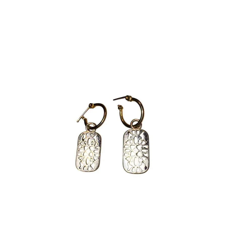 Vintage Gold & Silver Rectangular Dangle Earrings With Filigree Design - Picture 5 of 6